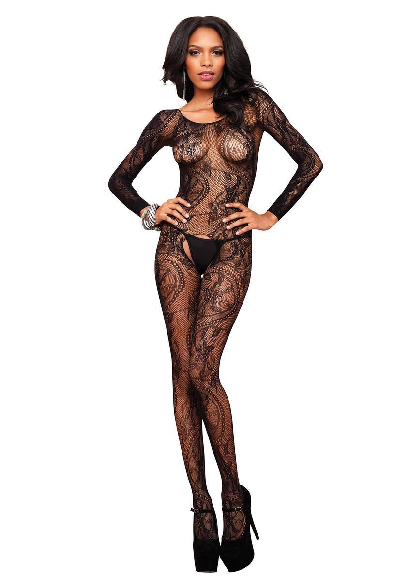 Seamless swirl lace long sleeve bodystocking in BLACK